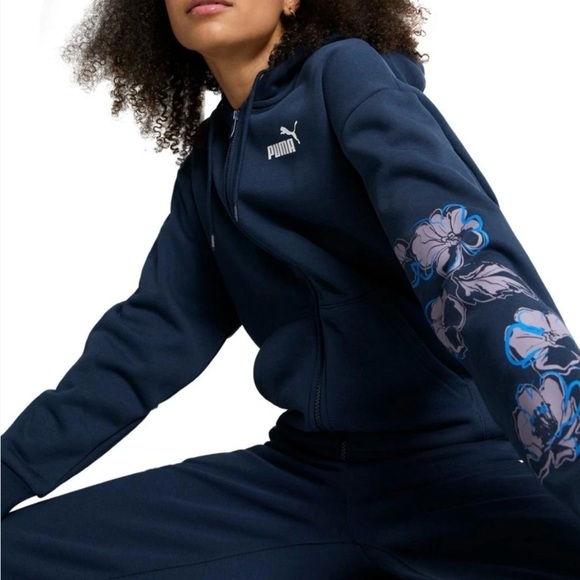 NWT Puma Full Zip Floral Vibes Hoodie Navy Blue Cotton Essential Women’s Size M - Picture 1 of 5